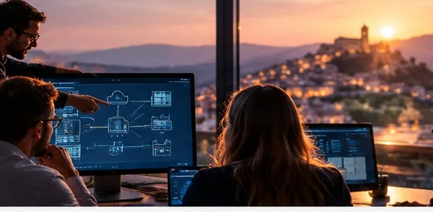 Illustrazione di un gruppo di professionisti che collabora a un progetto tecnologico